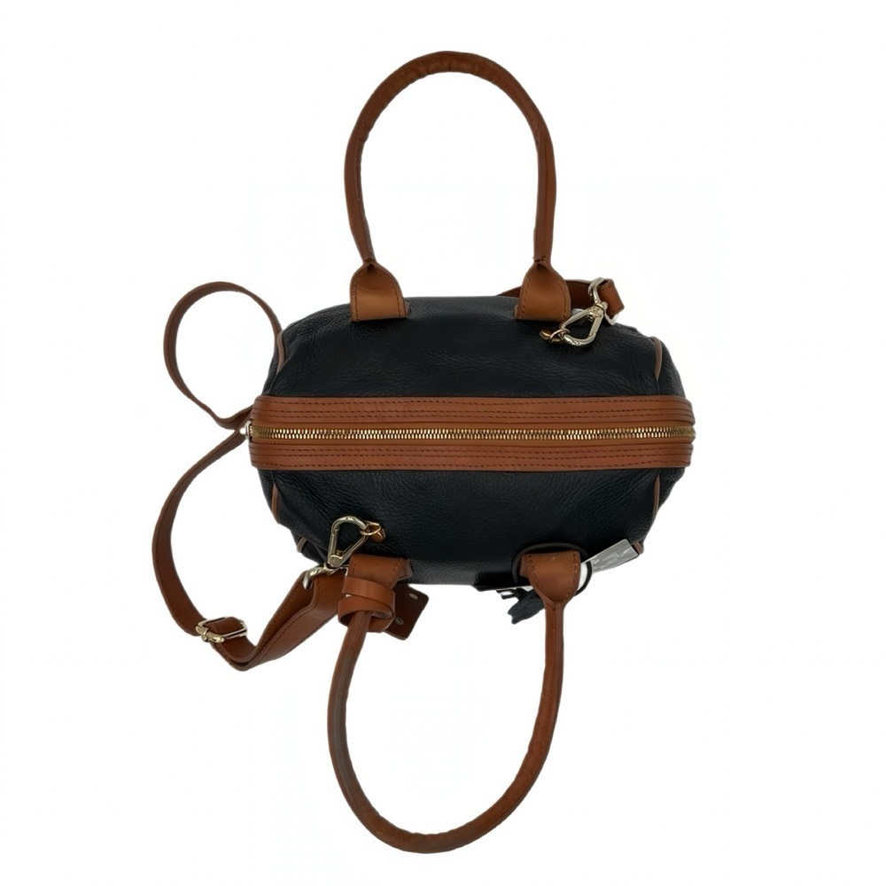Valentina Pebbled Italian Leather Satchel Bag Navy Tan Top Handle Crossbody - Picture 6 of 14